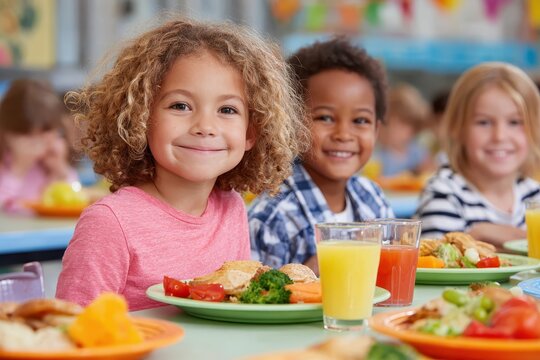 Smiling diverse children enjoy healthy lunch at school cafeteria, close-up. Perfect for school nutrition programs, healthy kids campaign, and more.