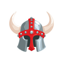 Unique Viking helmet design featuring red accents and prominent horns in a cartoon style