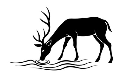 Minimal black silhouette scene of deer drinking water at river bank, plain white background       