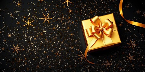 Luxurious golden gift box with gold ribbon on a shiny black background Festive Christmas present, top view,  gold,  gift