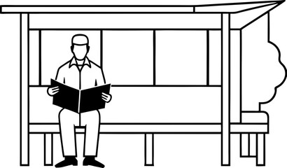 Minimal black silhouette scene of man reading newspaper at bus stop, isolated vector outline