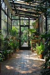 Lush Greenhouse Interior with Abundant Plants and Natural Light