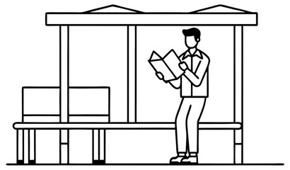 Minimal black silhouette scene of man reading newspaper at bus stop, isolated vector outline