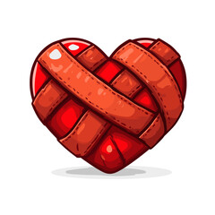 Hand-drawn red heart wrapped in brown bandages symbolizing healing and love in a cheerful cartoon style