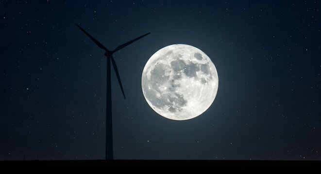 Wind Turbines Windmill Energy. Silhouetted wind turbine stands before a large, bright full moon in a night sky. - Powered by Adobe