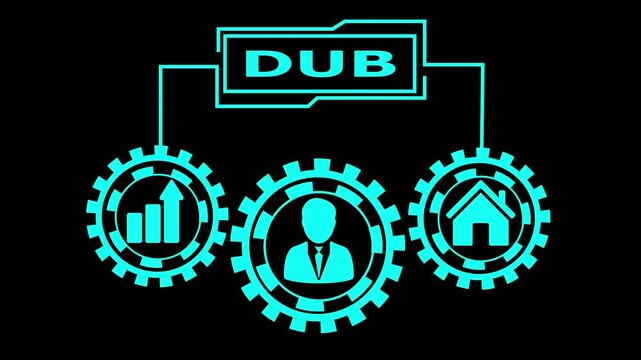 D U B Concept Illustration Business Growth Home Finance Gears Abstract Design Cyan Blue on Black