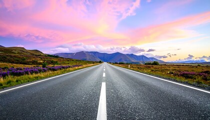 Scenic highway stretching into a vibrant sunset landscape