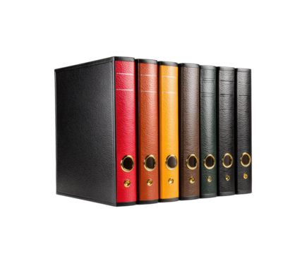 Organizing documents with colorful binders on a white background