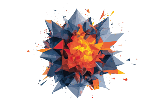 Abstract geometric sphere with spiky facets, vibrant colors, and radiating bursts