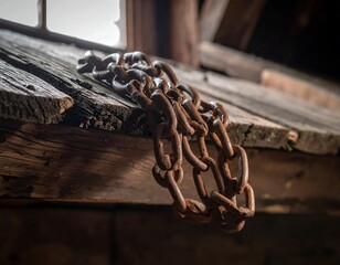 Rusty Chain Resting on Weathered Wooden Plank Inside Abandoned Barn or Old Structure