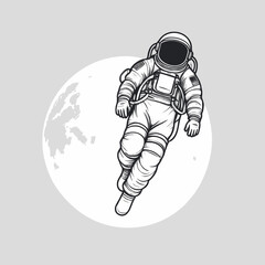 Astronaut in Space Suit, Floating Near the Moon, Vintage Style Illustration