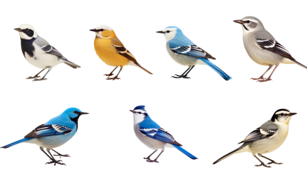 beautiful birds wagtail, mourning dove, robin, blue jay, sparrow