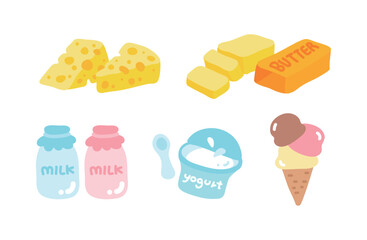 Colorful dairy food illustration with cheese, milk, butter, yogurt, and ice cream. Perfect for nutrition, grocery, or culinary design projects.