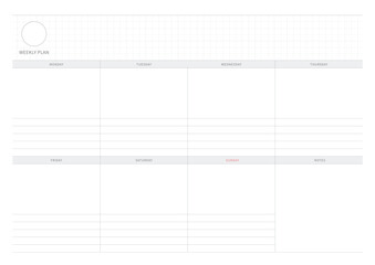 A weekly plan design template in a modern, simple, and minimalist style. Note, scheduler, diary, calendar, planner document template illustration.