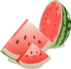 Freshly sliced watermelon pieces with seeds on a white background