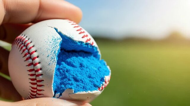 Gender reveal baseball filled with blue powder held in a hand. It's a boy announcement at an outdoor party with a green field background.