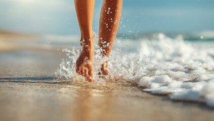 Fototapeta premium Barefoot woman running on wet beach