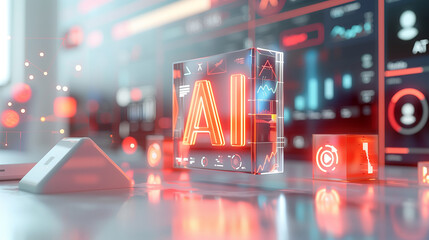 Futuristic AI Display with Neon Lighting and Data Analytics