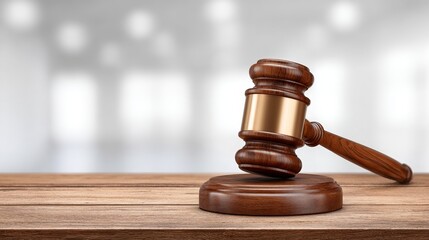 Justice served realistic gavel on smooth desk in courtroom law and order concept ample empty space