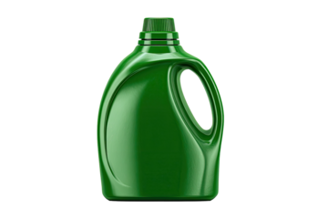 Shiny green plastic detergent bottle.  Rounded, wide body with handle.  Dark background.  Modern design