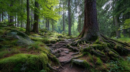 Obraz premium A sunlit forest scene shows mossy rocks, roots, and tall trees. Use for backgrounds, nature articles, or ecological designs.