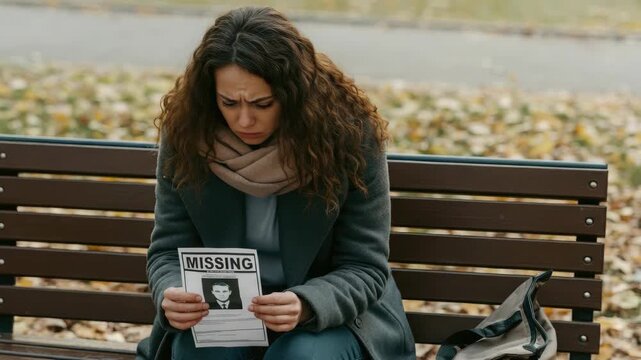 Worried woman reading missing person flyer on park bench