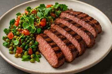 Grilled steak slices served with fresh peas, tomatoes, and watercress on a plate