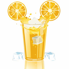 Refreshing orange juice splash with ice cubes and orange slices in a glass
