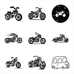 Diverse Collection Of Motorcycle And Vehicle Line Art Illustrations In Black And White