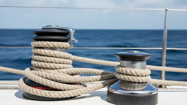 Sailing yacht equipment. Close-up of two winches with a coiled rope on the deck of a boat against the blue sea.