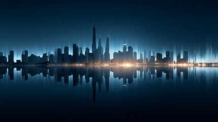 Obraz premium Cityscape Reflection at Night with Illuminated Skyscrapers