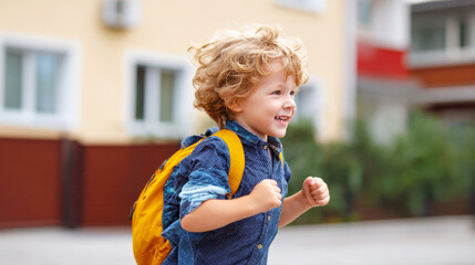 A smiling young boy with a yellow backpack joyfully heads to his first day of school. This image captures the excitement, happiness of child starting their educational journey, ready to learn, explore