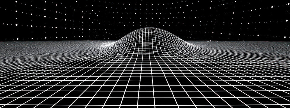 Abstract Glitch Art Depicting Digital Noise and Geometric Mountain Against Starry Black Background