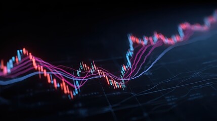 Abstract stock chart with red and blue lines over a dark background. Use this to illustrate market trends, data analysis or financial concepts.