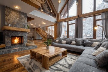Cozy living room features a stone fireplace, wood floors, and large windows. Ideal for showcasing home design, winter retreats, or luxury living concepts.