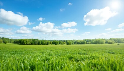 Serene rural landscape with vibrant green grass field. Forest of tall trees provides backdrop. Clear blue sky with fluffy white clouds. Warm natural light bathes the scene.