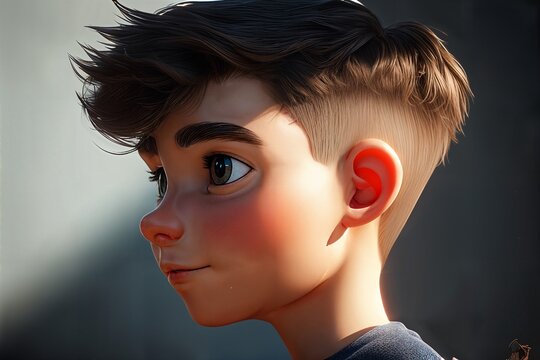 A close-up, stylized portrait of a cute young boy with large, expressive eyes and a quiff haircut. The image has a friendly, clean, and optimistic feel, suitable for children's themes. AI generative.