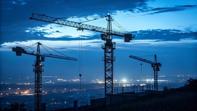 Construction Cranes Silhouetted Against the Night Sky: A Blueprint for Urban Development and Architectural Progress on the horizon. - Powered by Adobe