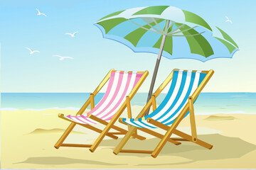 Two striped beach chairs sit under a green and blue umbrella on a sandy beach