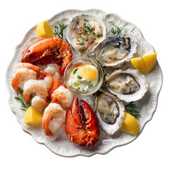 fresh chilled seafood assortment on elegant serving tray
