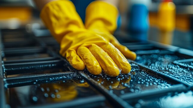Hands in yellow gloves scrub a gleaming kitchen surface, creating a fresh and hygienic environment with every wipe