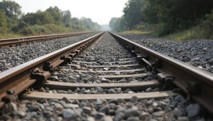 Fototapeta premium Train tracks stretch into distance on industrial landscape with gray metal rails and white rocks. Hazy gray sky and lush green trees surround railway foundation and crushed stone path.