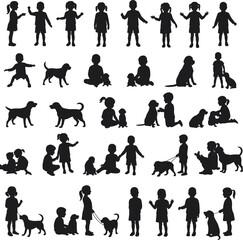Set of Children and Dogs Silhouettes in Various Poses, Showing Kids Playing, Interacting and Having Fun with Their Pet Dogs, Vector Illustration

.
