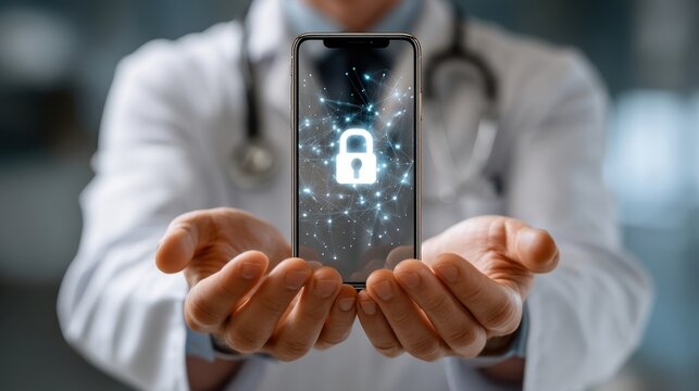 Secure Healthcare App: Doctor Holding Phone with Data Lock