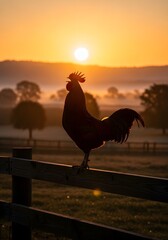 A rooster's silhouette is cast against a foggy, ethereal sunrise, its morning call heralding the arrival of a beautiful new day.