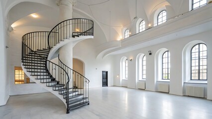 Obraz premium Elegant Spiral Staircase in a Bright, Airy Room with White Walls and Arched Windows Architecture.