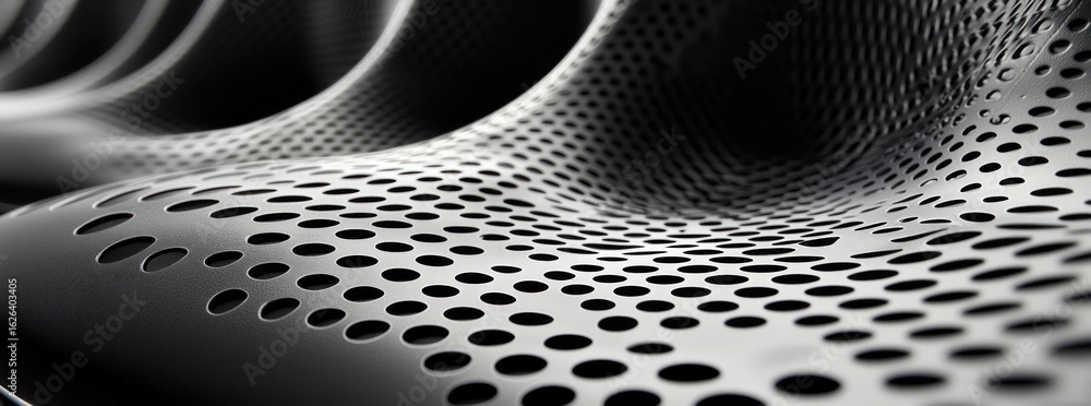 Poster abstract perforated metallic surface with geometric pattern in monochrome