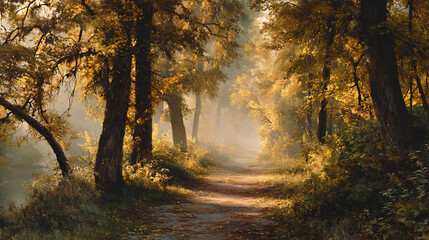 Obraz premium Bask in the glow of golden hour on a stunning nature walk through a vibrant autumn forest