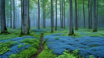 Fototapeta premium A misty forest floor carpeted with tiny blue flowers.