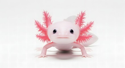 A detailed studio portrait of a charming pink axolotl on a pristine white background, perfect for a clean, educational look.
